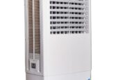 Evaporative air cooler with slim design for indoor and outdoor use