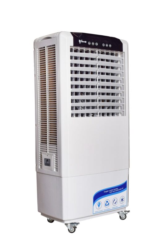 Evaporative air cooler with slim design for indoor and outdoor use