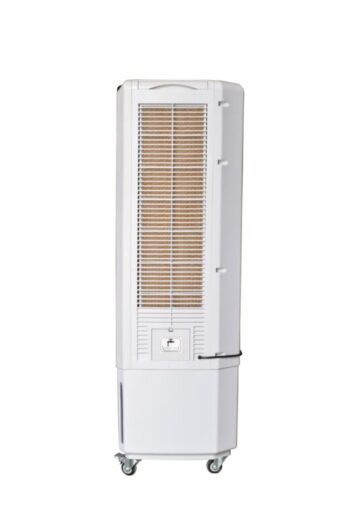 Evaporative air cooler with slim design for indoor and outdoor use