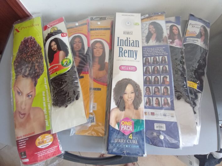 Human and Synthetic Hair – straight, curly, wavy – for weaves, braids, & wigs – various lengths, straight, wavy, curly, etc. Bulk of colours are 1 and 1B.