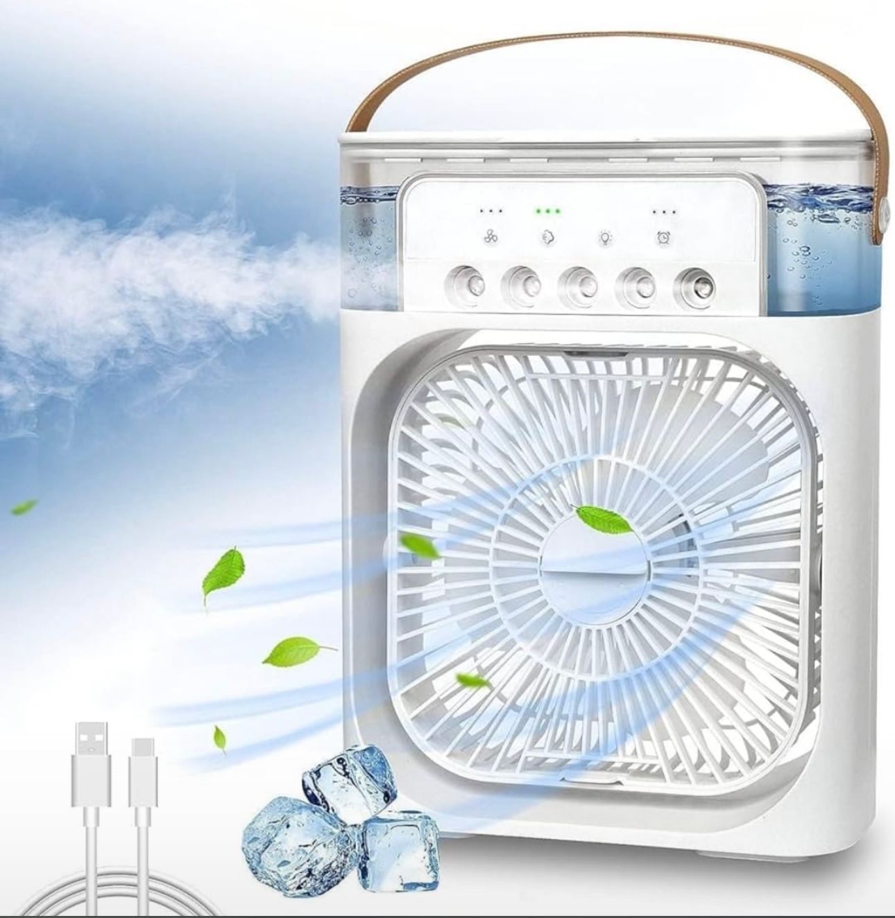 Portable Air Conditioner Cooling Fan,USB Desk Fan 3 Wind Speed & 700ml Water Tank,Quiet &7 LED Light