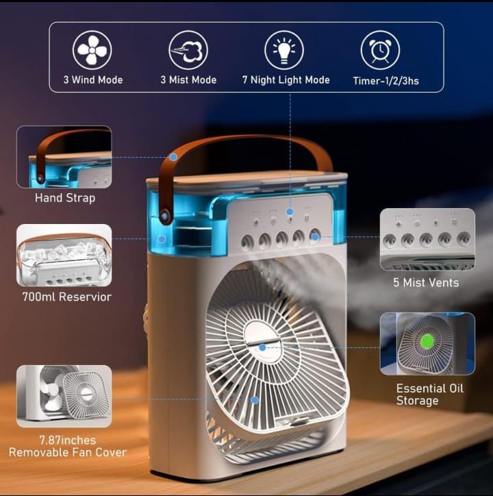 Portable Air Conditioner Cooling Fan,USB Desk Fan 3 Wind Speed & 700ml Water Tank,Quiet &7 LED Light